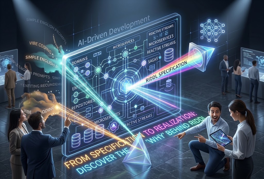 Two pairs of people study a large translucent panel headed “AI-Driven
Development”, filled with a RIDDL specification diagram of domains, entities,
repositories, microservices and reactive streams. A prism gathers the
scattered clutter of “vibe coding” and “simple English prompts” on the left
into a single beam labelled “RIDDL Specification” on the right, under the
caption “From specification to realization: discover the ‘why’ behind
RIDDL”.